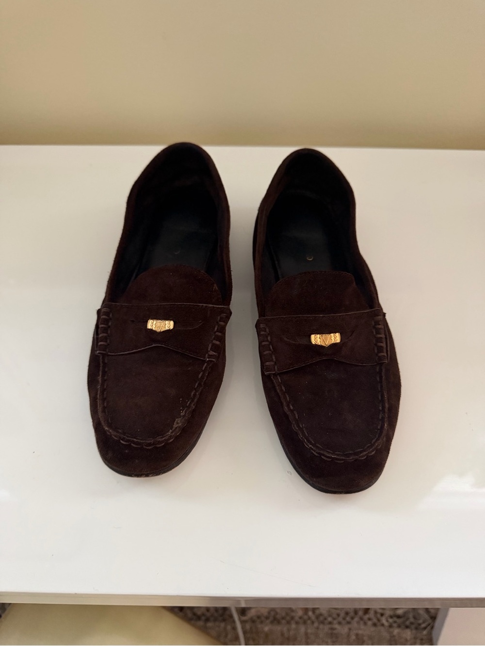Veronica Beard Dark Brown Suede Loafers with Gold Accent